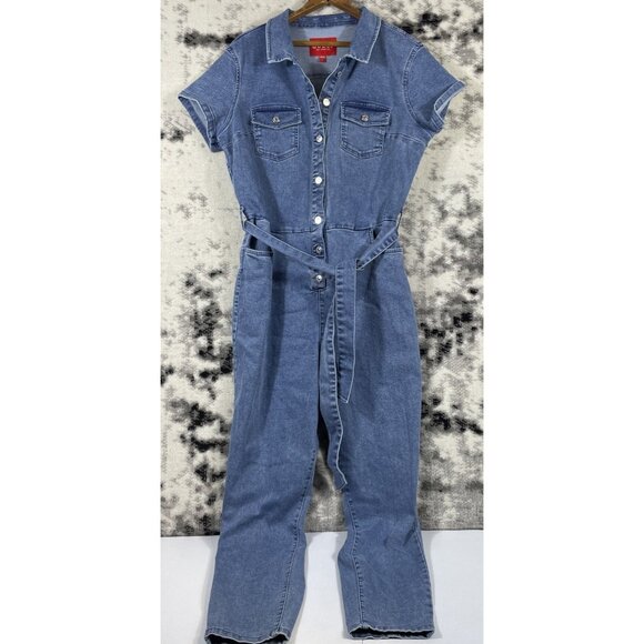 Guess Denim Jumpsuit Womens Size Large Belted Utilitiy Maintenance Style - Picture 1 of 12